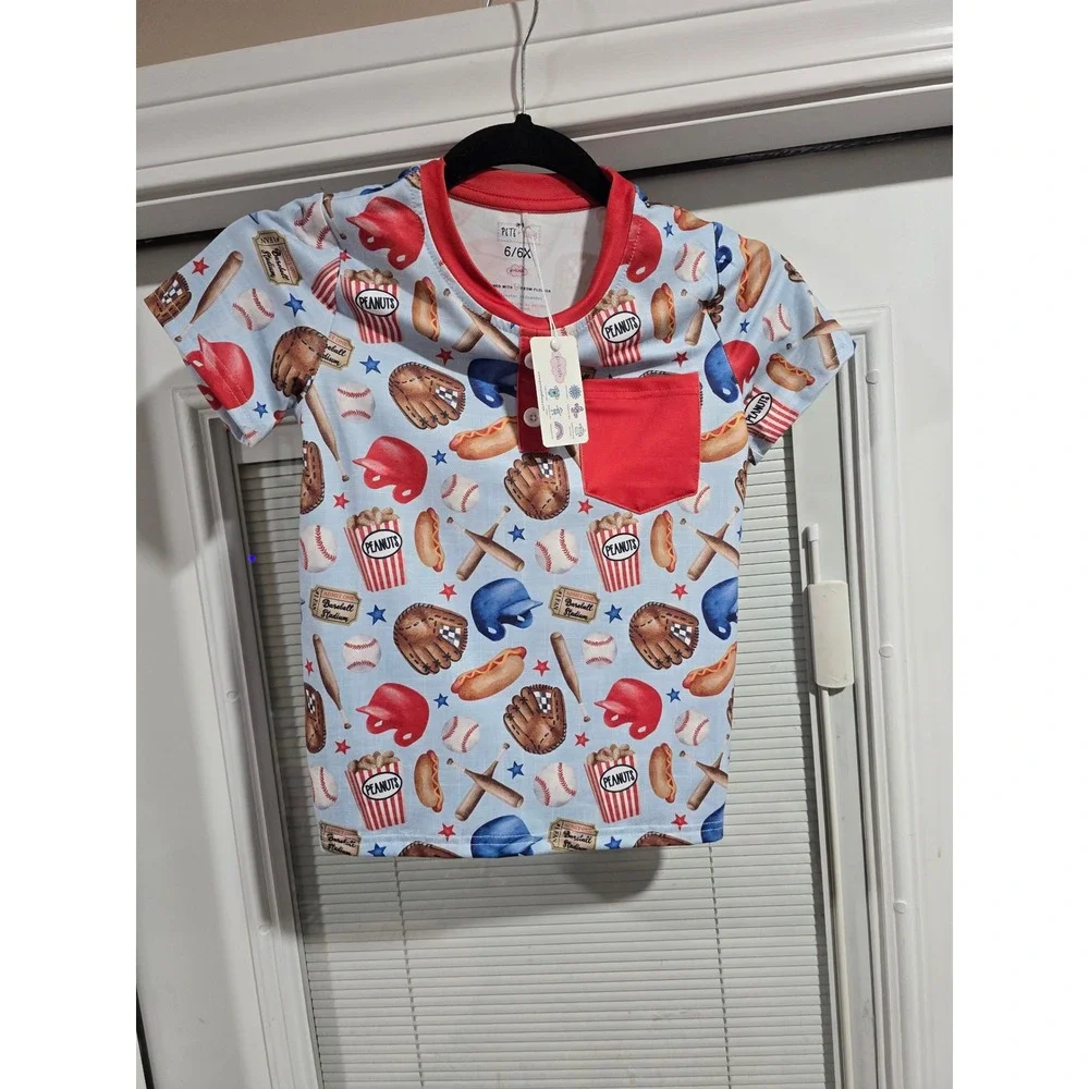 Pete + Lucy Kids Baseball Print T-Shirt Red Blue Sporty Pocket Tee 6/6X NEW